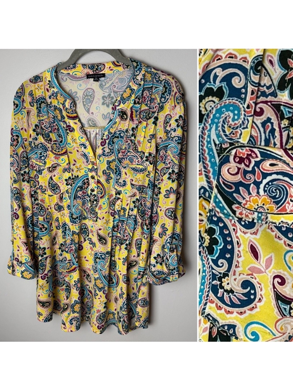 Ava & Grace Tunic Top Size Medium Yellow Paisley 3/4 Roll-Tab Sleeves Stretch